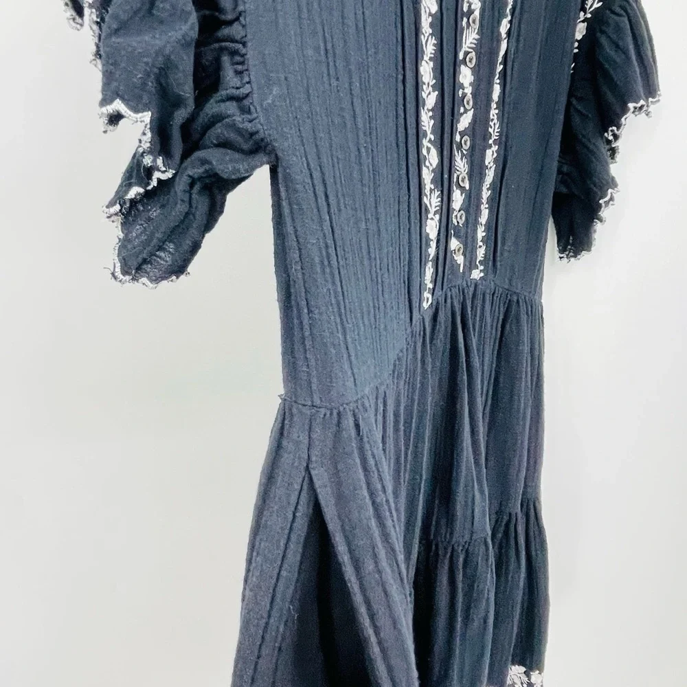 ✨ Free People Santiago Black Embroidered Gauzy Peasant Dress Pockets S Blogger - Picture 12 of 13